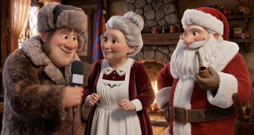 Generated proof frame of Santa, Mrs. Claus, and a reporter in a warm North Pole cabin